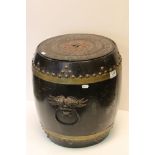 An Oriental lidded wooden coal bucket with Greek key decoration painted floral decoration and Faux