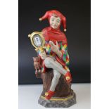 A Max Keller Oberammergau carved wooden model of a medieval Jester in costume holding a mirror