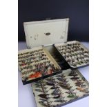 Farlow - black japanned salmon fly cabinet enclosing four lift out trays with clips to house 219