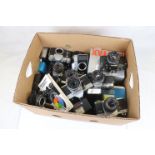 Large group of SLR film cameras and lenses, to include 2 x Olympus OM10 with lens, Pentax K1000 with