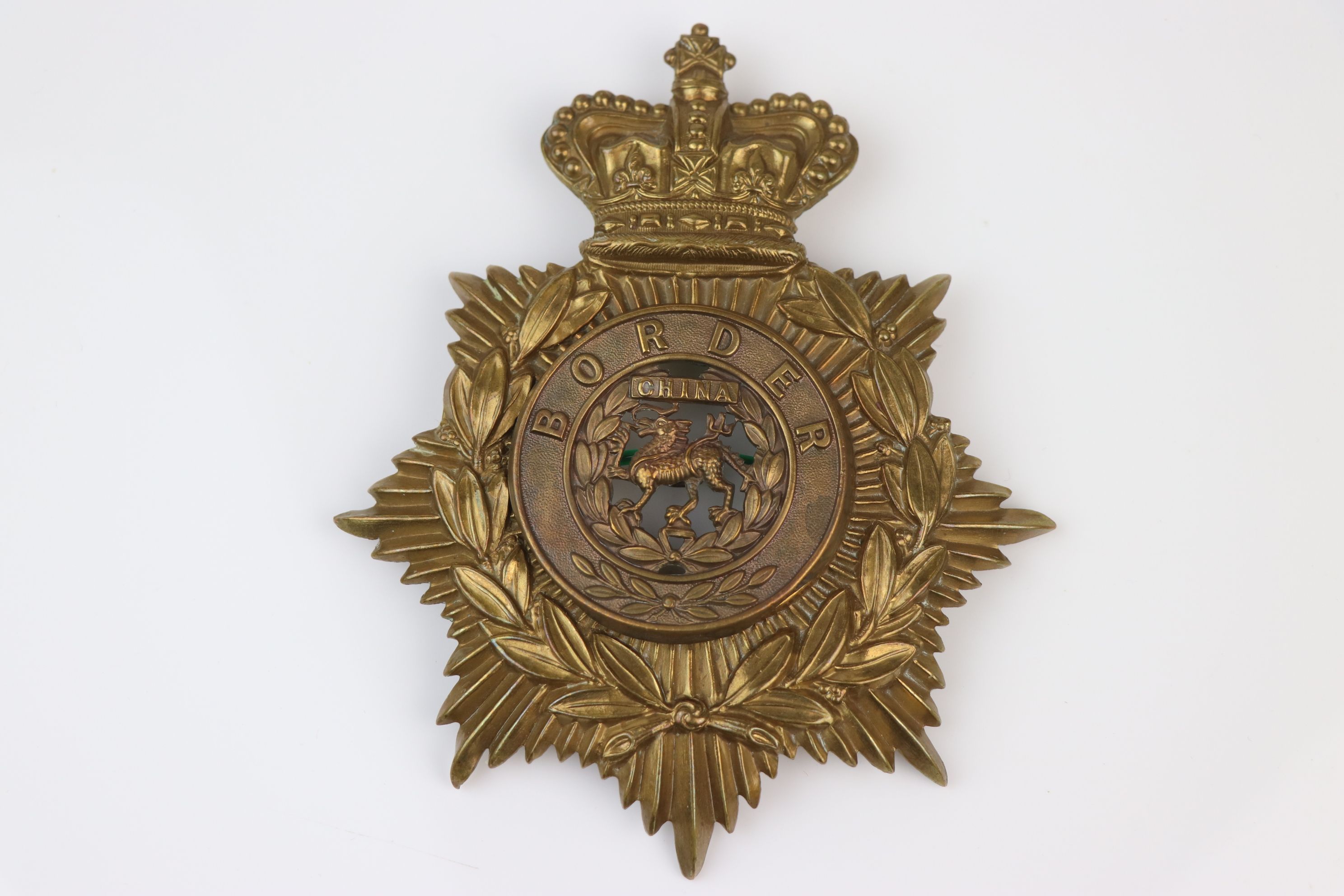 A British Victorian 1881 - 1883 The Border Regiment Brass Helmet Badge Complete With All Fixings