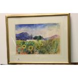 Thea Doniach, a large framed watercolour scene of daisy fields in Provence, signed