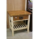 Vintage painted pine kitchen worktable with heavy top & slatted undershelf