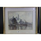 P M Pearce mid 20th century watercolour of Barges unloading in an Industrial setting possibly The