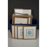A box of framed and glazed prints and engravings.