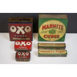 Three vintage Marmite cube tins together with three OXO cube tins.