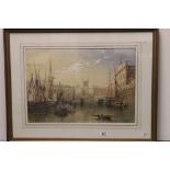 19th Century English School, Bristol Bridge with boats in foreground, Watercolour, heightened with