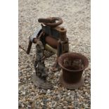 Antique 'AJK ' Cobbler's Leather Roller, 35cms high together with a Cast Iron ' Mr Punch '