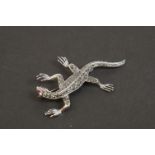 Large silver marcasite lizard brooch with ruby eyes