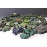 Approx 60 loose playworn diecast military models, vehicles, tanks, guns etc, mid 20th century