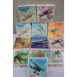 Nine unbuilt boxed Aurora 1:48 plastic model kits to include Breguet 14, De Havilland DH-10A,