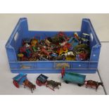Quantity of loose playworn farming/agriculture figures, animals, accessories, carts etc, mostly