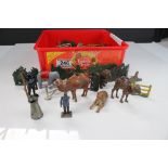 A box of mixed lead farm and zoo animals and accessories to include Britains.