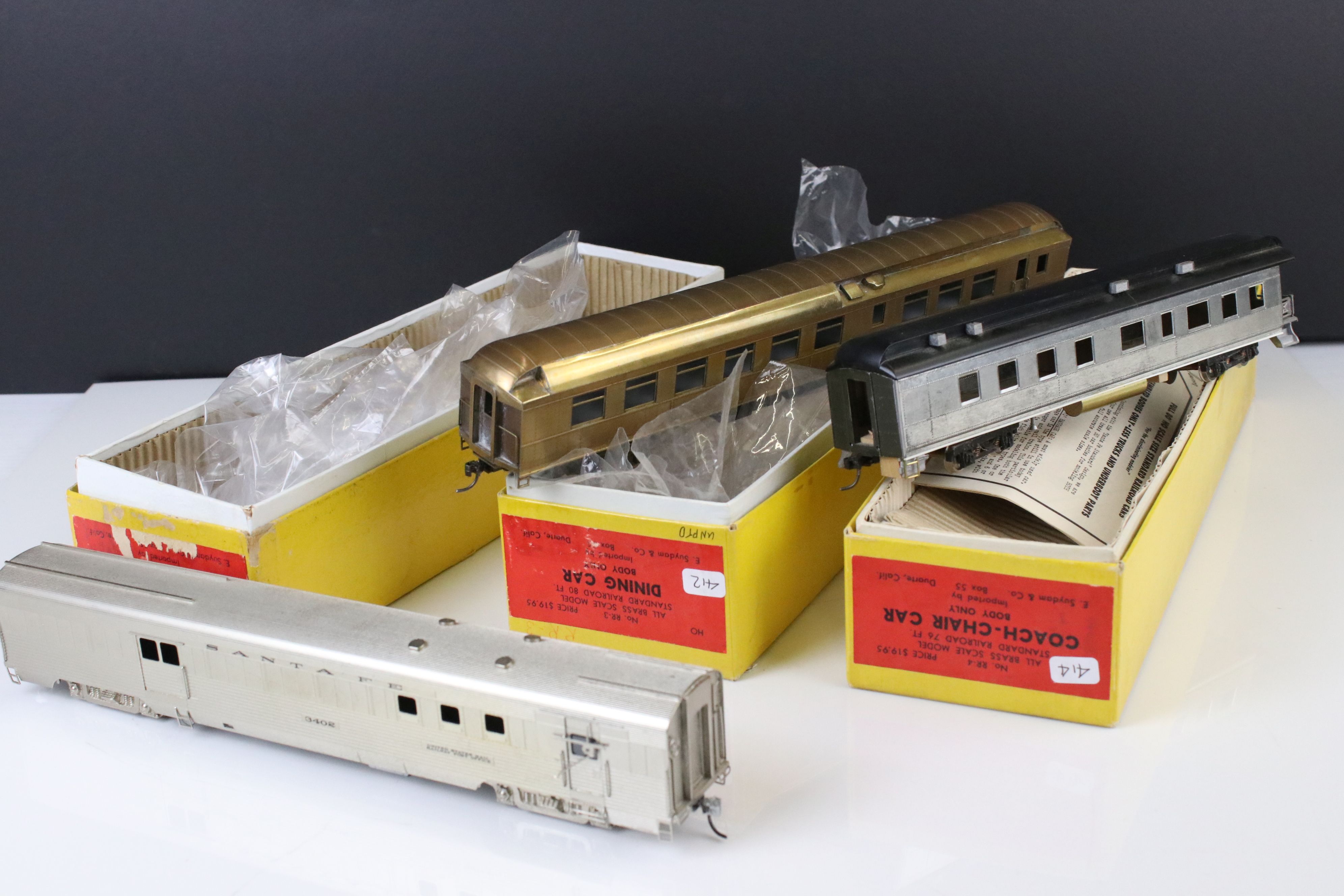 Three boxed E Suydam & Co HO Railroad Equipment items of brass rolling stock to include RR-6 RY Post