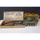 Boxed Western Germany Gama 98 tin plate tank, rusting, and a boxed Operation Atomic Torpedo, both