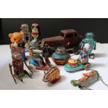 Collection of ten tin plate toys, to include clockwork car, robots, mouse photographer, elephant