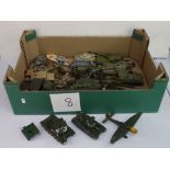 A box of vintage military playworn Crescent, Corgi and Dinky vehicles to include tanks, artillery