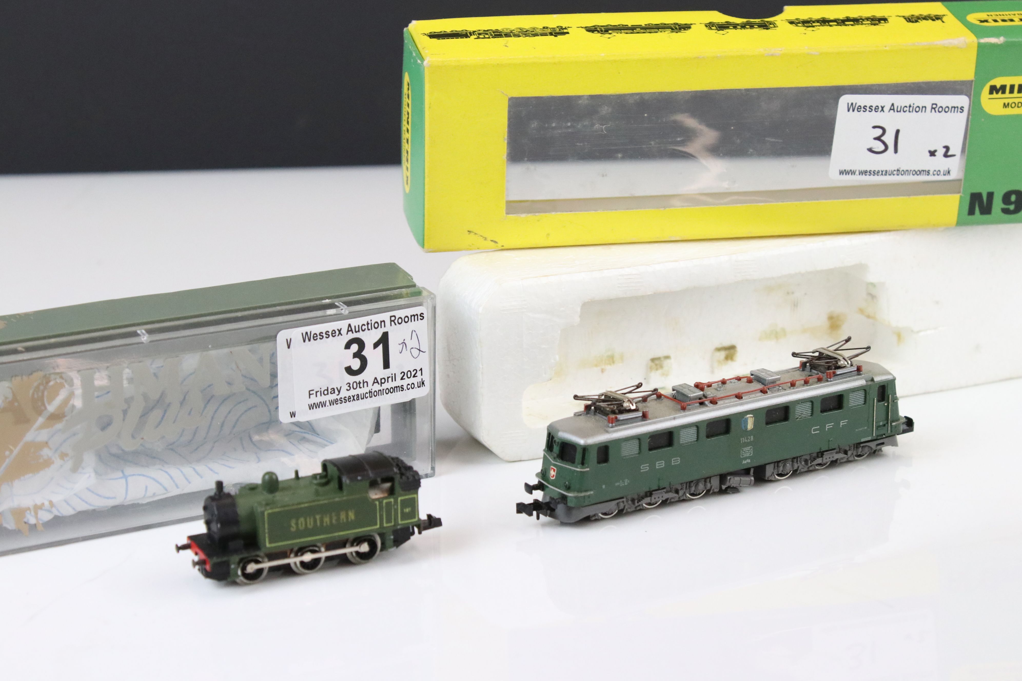 Boxed Minitrix N gauge 2936 locomotive plus a Graham Farish 0-6-0 Southern loco within Bachmann Plus