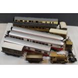 Eight O gauge items of rolling stock to include brass examples, features Tower Models GWR Coach,