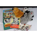 Group of Sooty related puppets and books to include vintage Sooty, Sweep & Soo, 3 x books and a