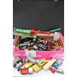 A box of mixed playworn diecast vehicles to include Schuco, Dinky, Corgi, Britains and Matchbox.