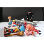 Group of mixed toys to include wooden puppets, plastic robot, plastic submarine etc