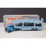 Boxed Dinky 982 Pullmore Car Transporter diecast model, showing play wear, grubby box