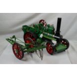 Scratch built wooden Steam Engine model with plough accessory, 20" approx length