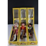 Three boxed Pelham Puppets to include Farmer, Fritzl & Gypsy, condition is fair-gd with some