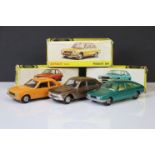 Three boxed Spanish Dinky diecast models to include Chrysler Simca 1308/GT in metallic green, Opel