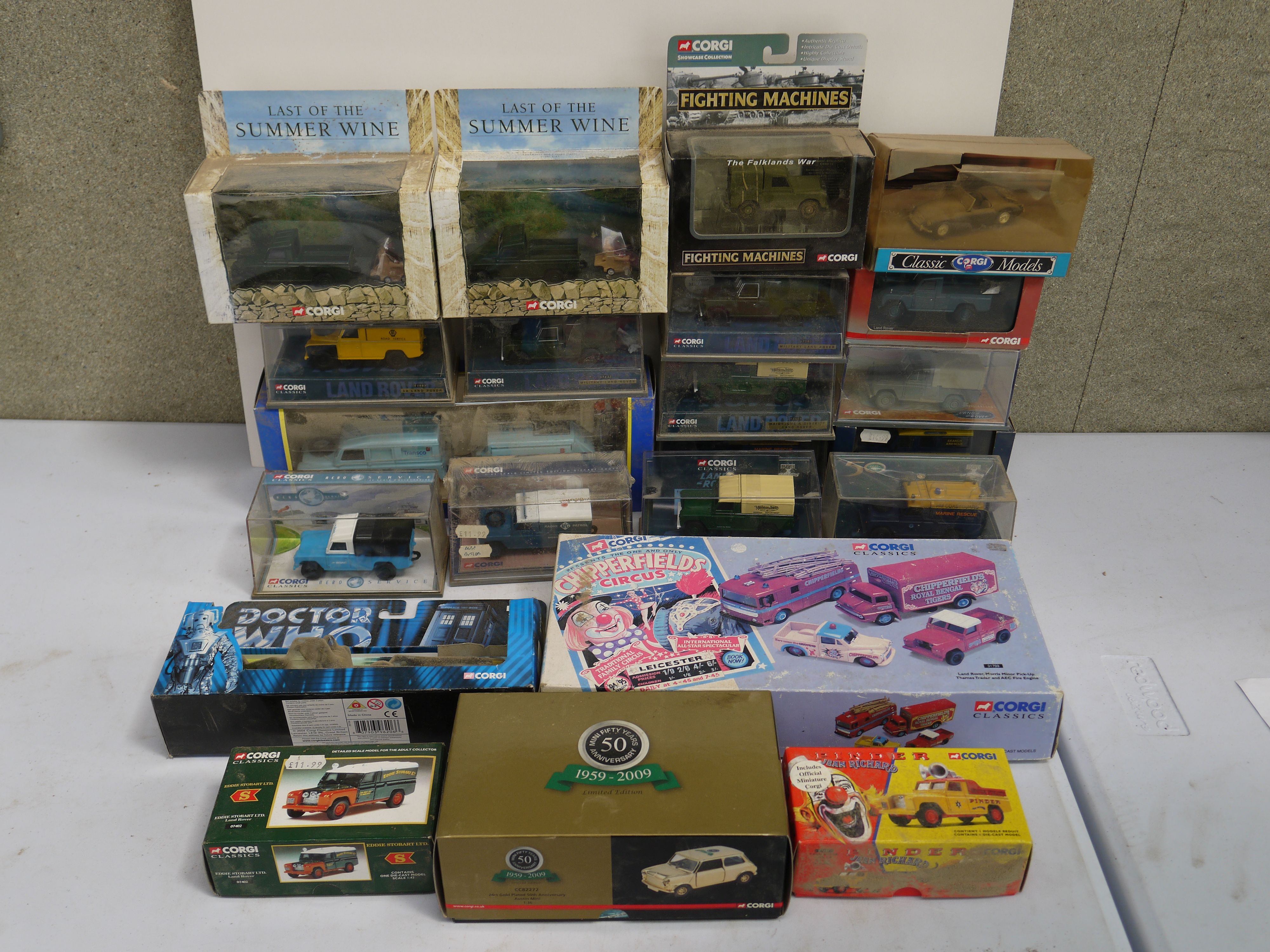A collection of boxed Corgi diecast Land Rovers to include Last of the Summer Wine, Fighting