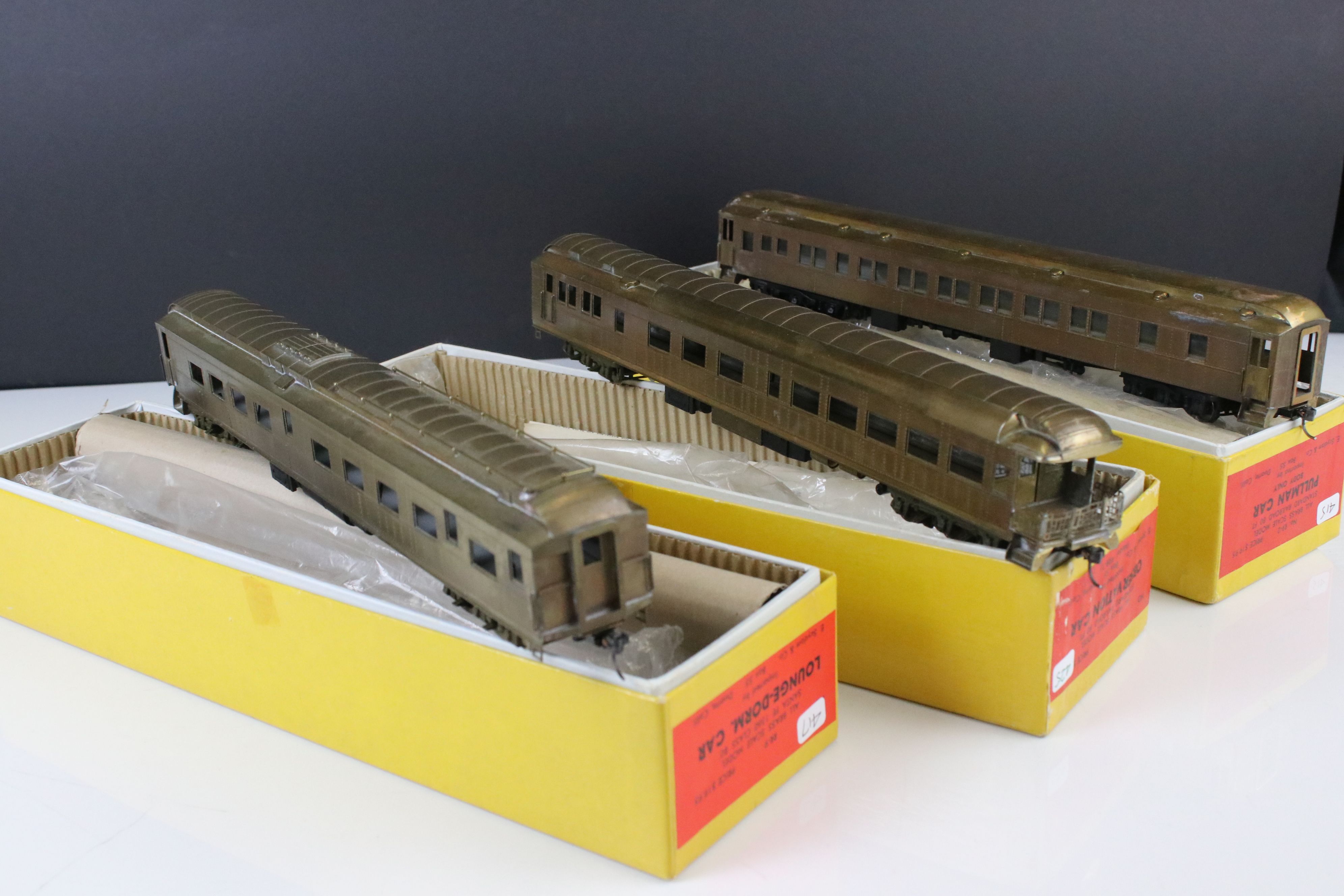 Three boxed E Suydam & Co HO Railroad Equipment items of brass rolling stock to include RR-9