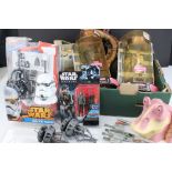 A box of mixed Star Wars collectables to include boxed Star Wars walkie talkies, action figures