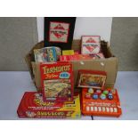 A box of vintage toys and games to include Monopoly, Shoot, Mastermind and Monte Carlo Rally.