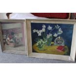 A mid 20th century oil on canvas still life of flowers and one other similar oil on board.