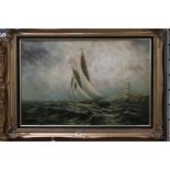 Large Oil Painting on Canvas depicting a Sailing Boat with Figures sailing near the Coastline with a