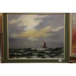 Large Oil Painting on Canvas of a Sailing Boat at Sea, signed lower left ' David A James 73 ', 74cns