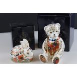 Two Boxed Royal Crown Derby Paperweights with silver stoppers - Meadow Rabbit and Teddy Bear