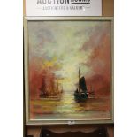 Oil Painting on Canvas of Boats at Sea during Sunset, signed lower right ' G Broome 52 ' ??, 49cms x