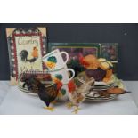 Group of chicken & rooster items to include Scotts of Stow China, slate art plaque etc