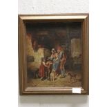 19th century oil on canvas interior scene with figures and a dog signed with initials MWL 29 X 25 CM