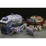 A quantity of blue and white and other ceramics to include tea caddy, tureen, coffee cans,