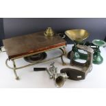 Box of mixed collectables to include vintage kitchen scales and a wrought iron shoe last