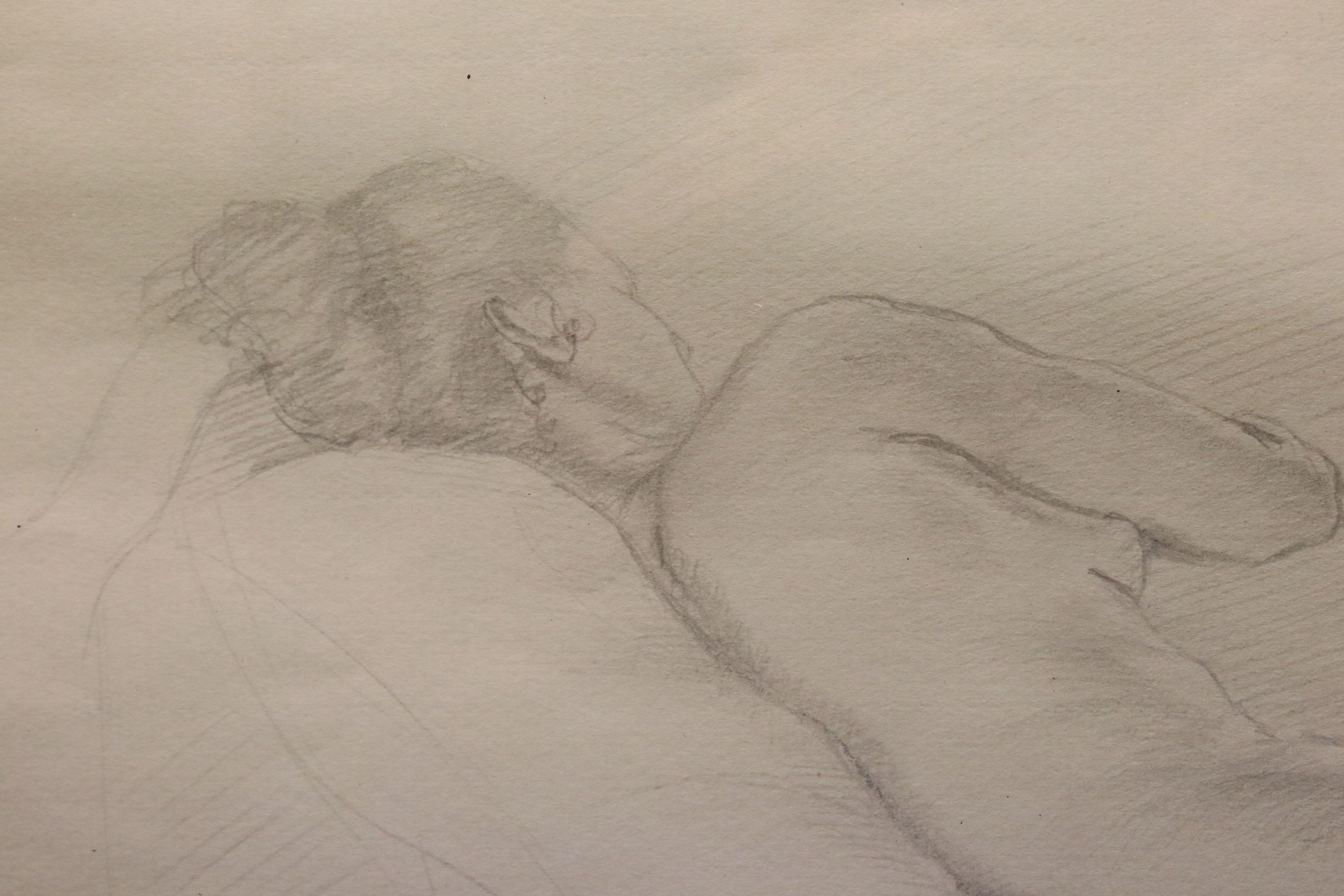 A framed and glazed pencil drawing sketch of a recumbent nude women unsigned 20 x 43 cm. - Image 2 of 2
