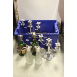 Box of silver plated items to include candelabra, cut glass claret jug, together with two novelty