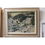 Tom Stone mid 20th century oil on board, Winter snow scene signed, titled verso Snowy Bank Caledon