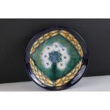 Moorcroft Trinket Dish decorated with a tree, with gold coloured hand writing ' keep this blue and