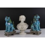 Parian ware style Bust of a Victorian Lady, 19.5cms high together with a Pair of Chinese Blue Glazed