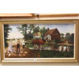 Large oil on canvas rural scene with figures and horses, signed Dorothea Hyde, approx. 49 x 100 cm.