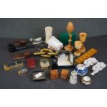 A box of mixed collectables to include a carved bone dice shaker, an estate pipe and a collection of